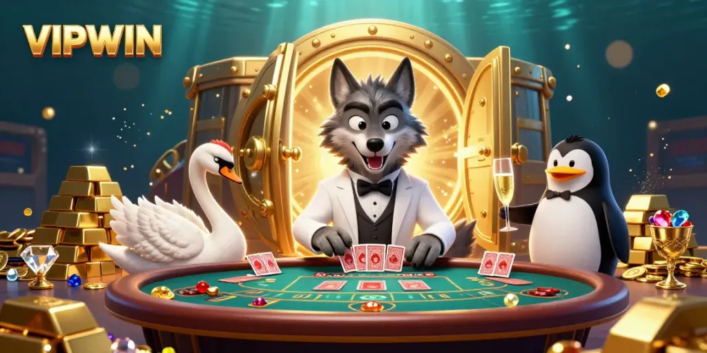 VIPWIN animated casino scene featuring a classy wolf, elegant swan, and a penguin sommelier at a luxurious game table.