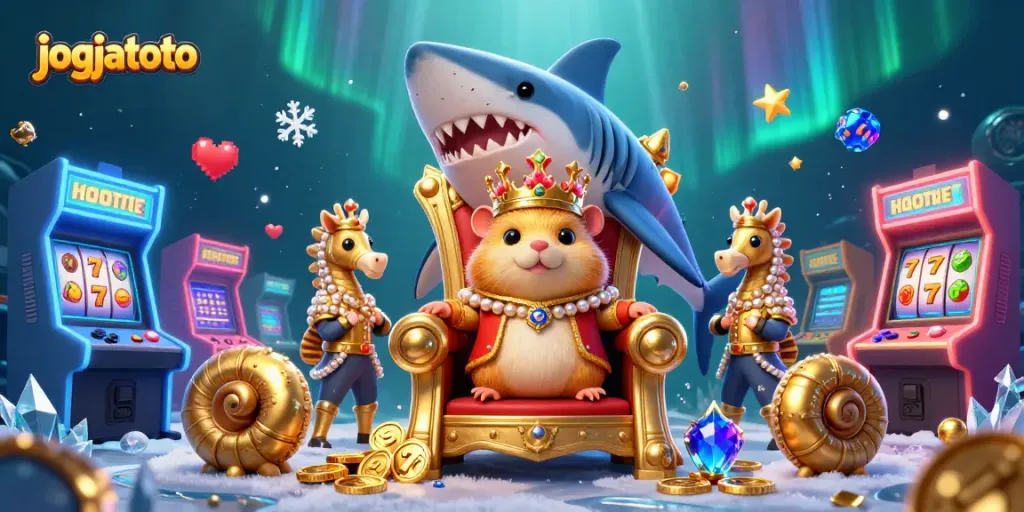 Experience thrilling wins with jogjatoto’s vibrant 3D casino scene featuring arcade game slots and animated characters.