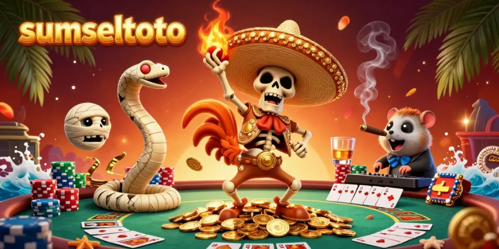 Sumseltoto casino illustration showcasing a mariachi rooster, mummy snake, and DJ hamster enveloped in a vibrant poker action scene.