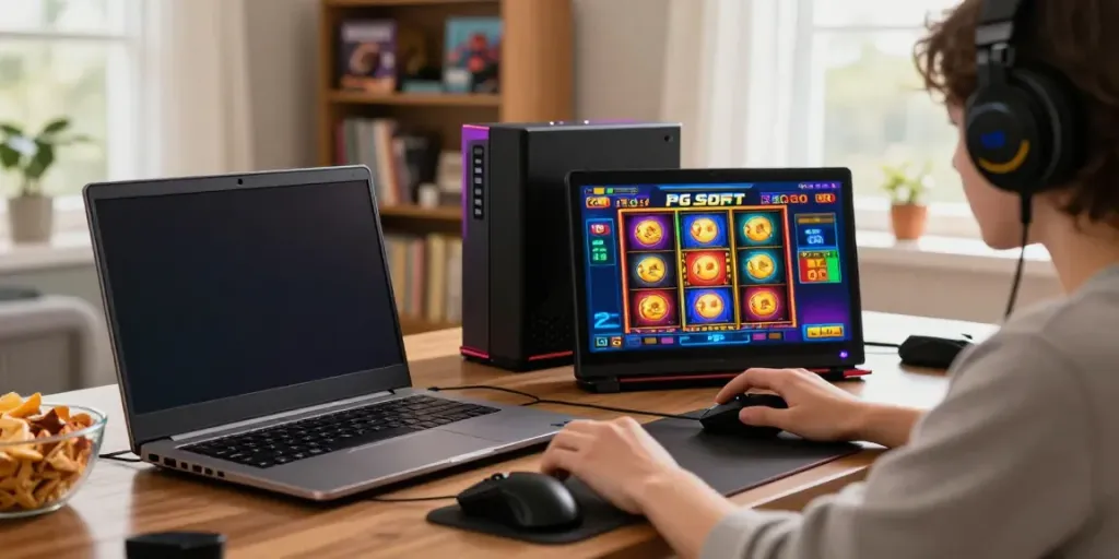 Enjoying slot thailand games at home with PG SOFT on laptop, vibrant gaming atmosphere.