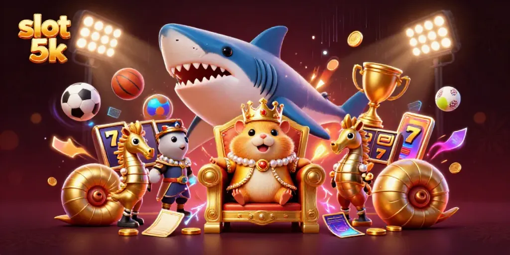 Slot 5k menampilkan ilustrasi kasino dengan pemandangan meriah dan karakter unik.