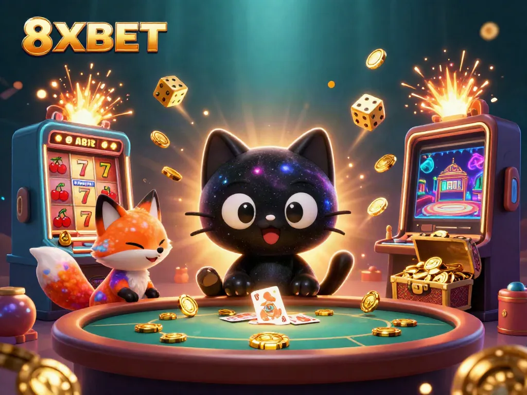 Engage with 8XBET in a cosmic casino scene rich with 3D interactive elements and vibrant colors.