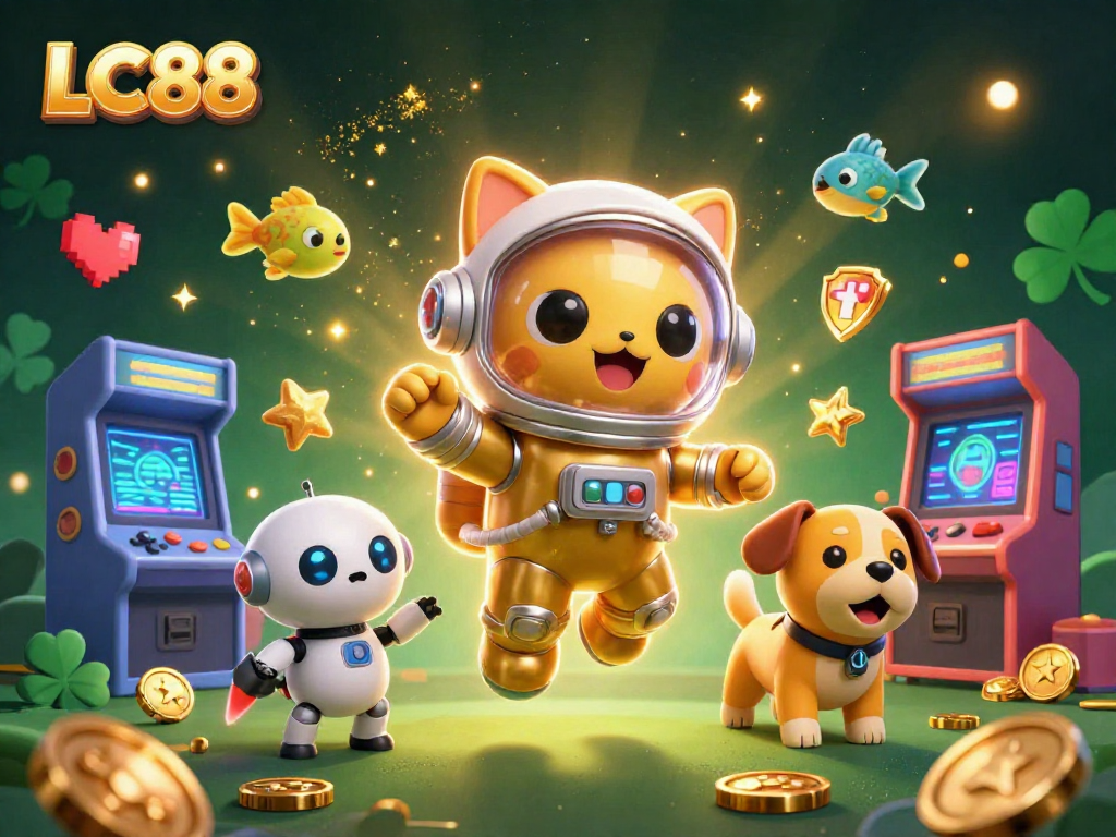 LC88 presents a vibrant casino scene featuring a golden astronaut cat with a robot dog, immersed in a fun gaming universe.