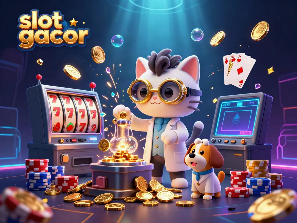 Experience thrilling plays in slot gacor with a whimsical lab-themed 3D illustration featuring cascading coins and dynamic gaming elements.
