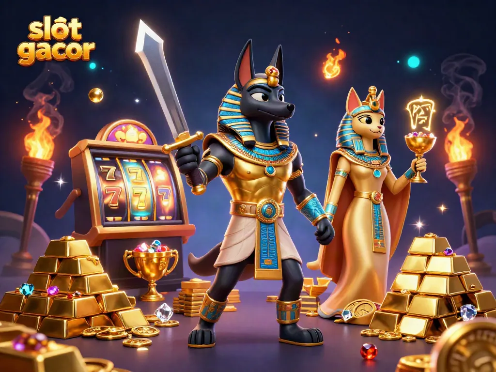 Engage with slot gacor and win big in this dynamic casino scene featuring 3D characters and glowing game elements.