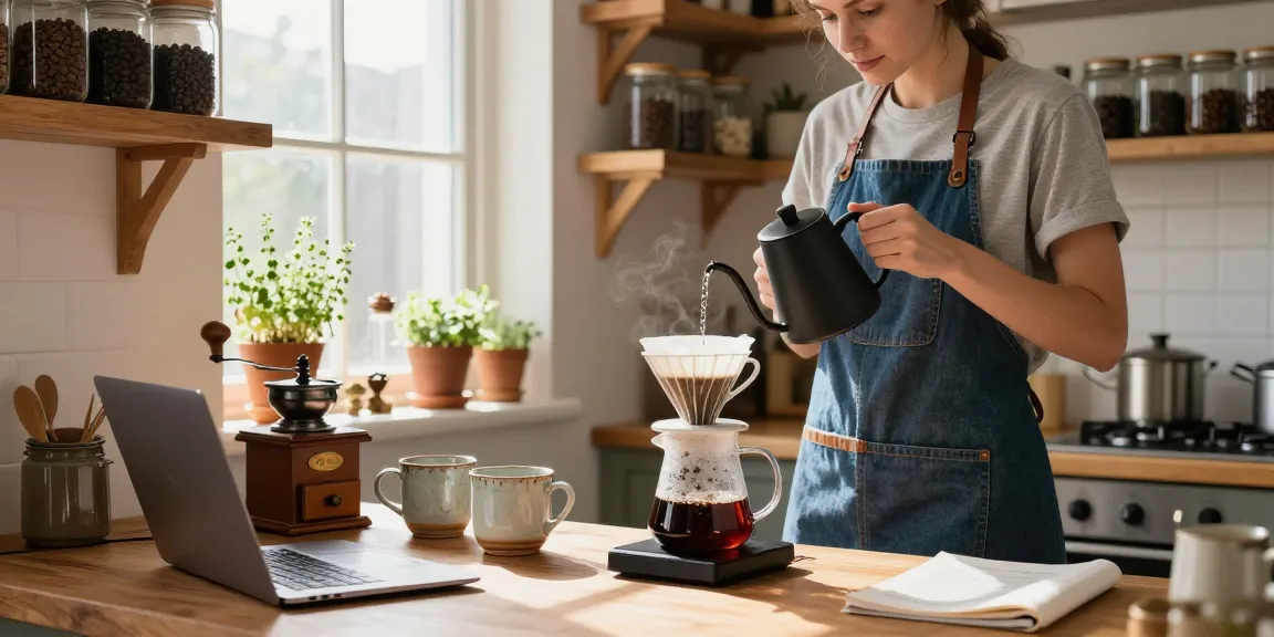 Brew coffee with Ebb reusable filters in a cozy kitchen setup using upcycled denim aprons for a sustainable lifestyle at www.ebbfilter.com