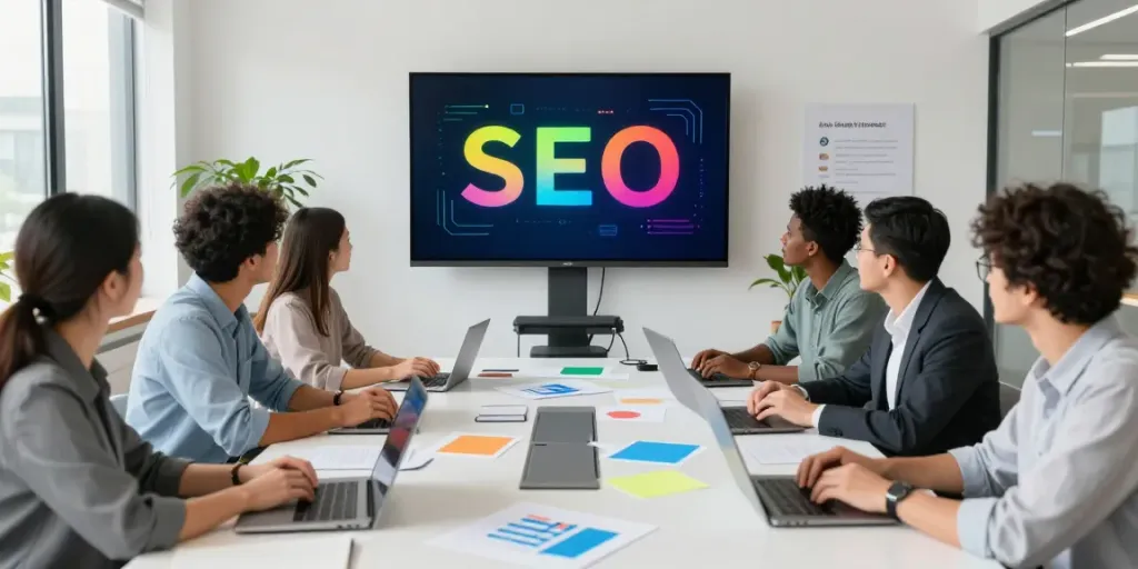 Affordable SEO consultant for small businesses team collaborating in a modern office environment.
