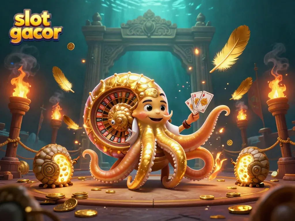 Slot gacor menampilkan nautilus raksasa dengan banyak kartu dan cahaya keemasan, dikelilingi koin dan efek semarak.
