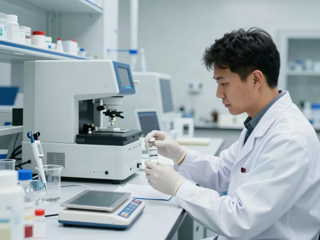 Researcher analyzing Melanotan 2 for sale in a sterile laboratory setting with scientific equipment.