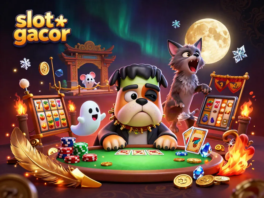 Experience the thrill of slot gacor with a whimsical casino scene featuring unique characters and vibrant elements.