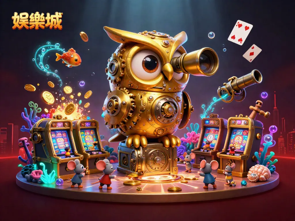 在娛樂城中,鐘錶金貓頭鷹檢視賭桌上的小老鼠,周圍環繞著閃亮的獎勵。