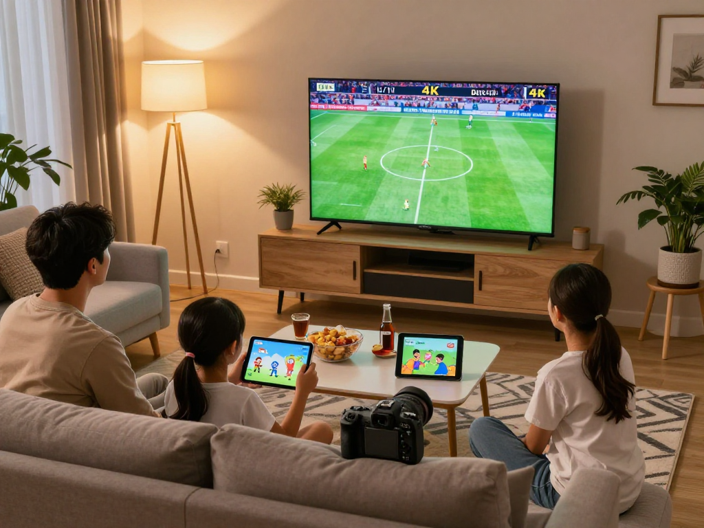 Gezin geniet van Dutch IPTV in 4K kwaliteit met spannende live sport en films in de woonkamer.