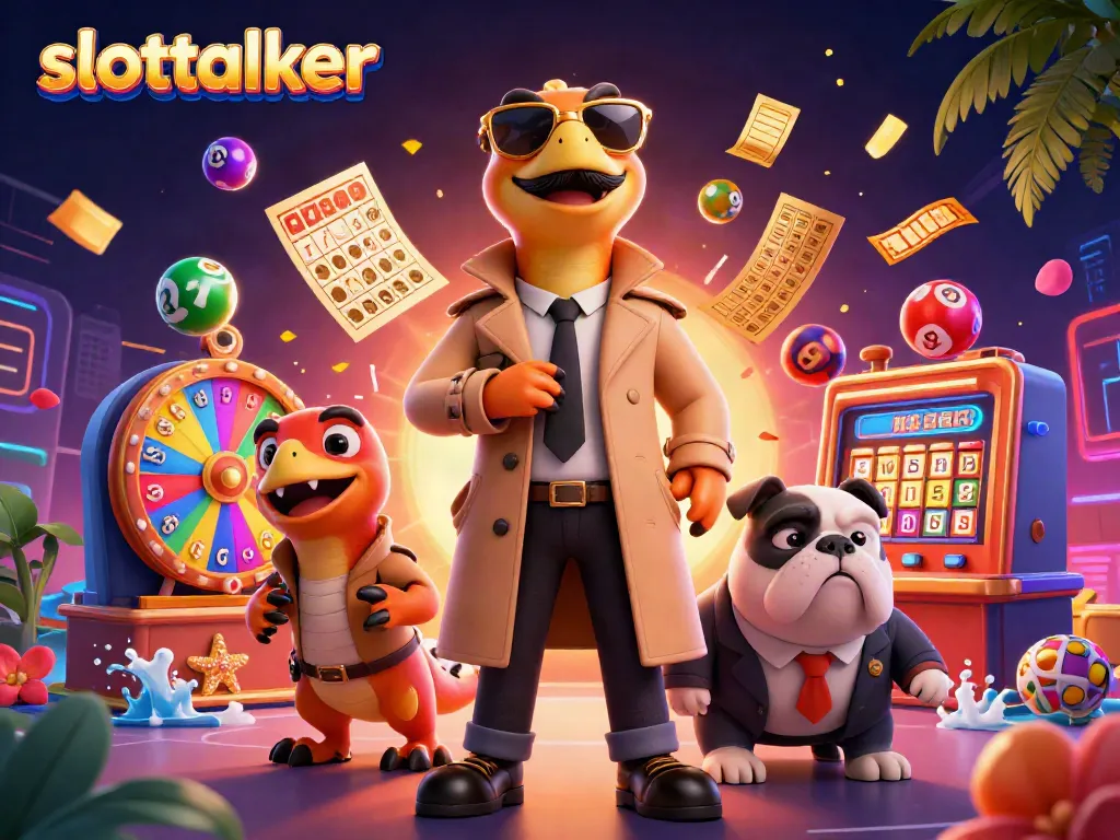 Raptors disguised as a tall person entering a VIP casino, showcasing slottalker themes with lottery balls and vibrant effects.