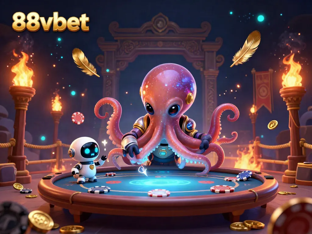 Experience thrilling poker action with 88vbet's alien octopus character at a holographic table.