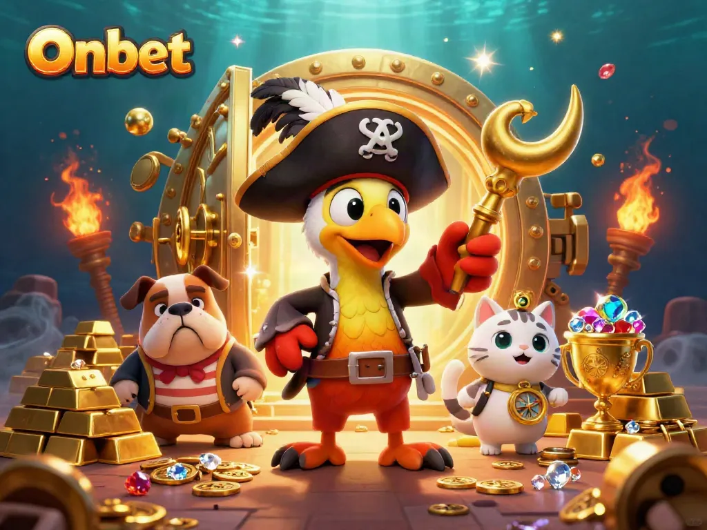 Onbet's lively 3D casino scene showcases pirate characters surrounded by treasure, encapsulating excitement.