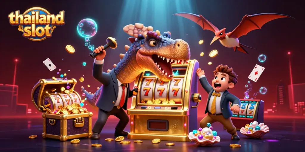 See the thailand slot scene come alive with 3D characters winning big, including a dinosaur and a golden machine.