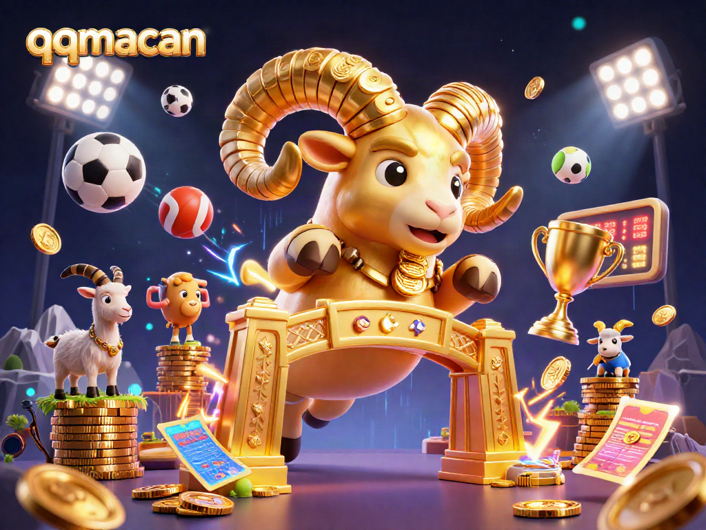 Experience thrilling gameplay with qqmacan, featuring a golden ram charging through a vibrant sports-themed scene.