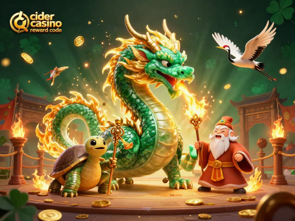 Engage with the exciting world of Cider Casino reward code featuring an emerald dragon and vibrant gaming elements.