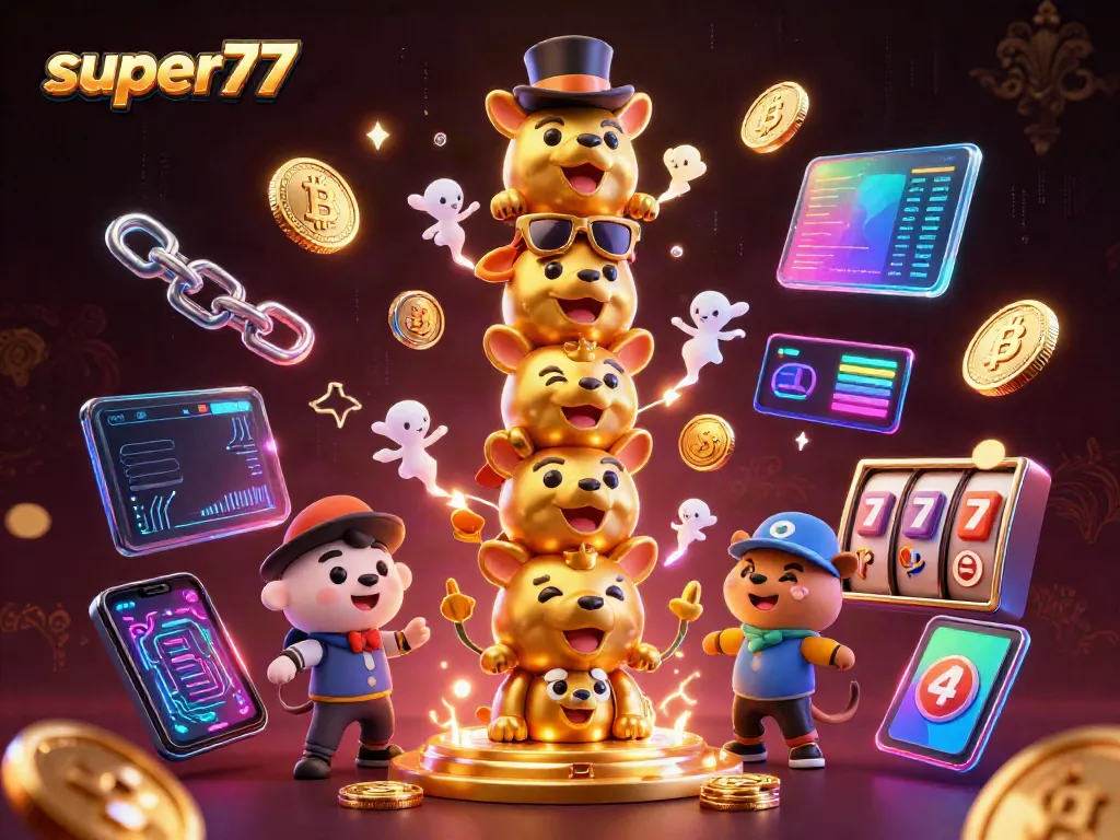 Experience thrilling gameplay with super77 gaming characters amidst vibrant slot elements and cryptocurrency visuals.