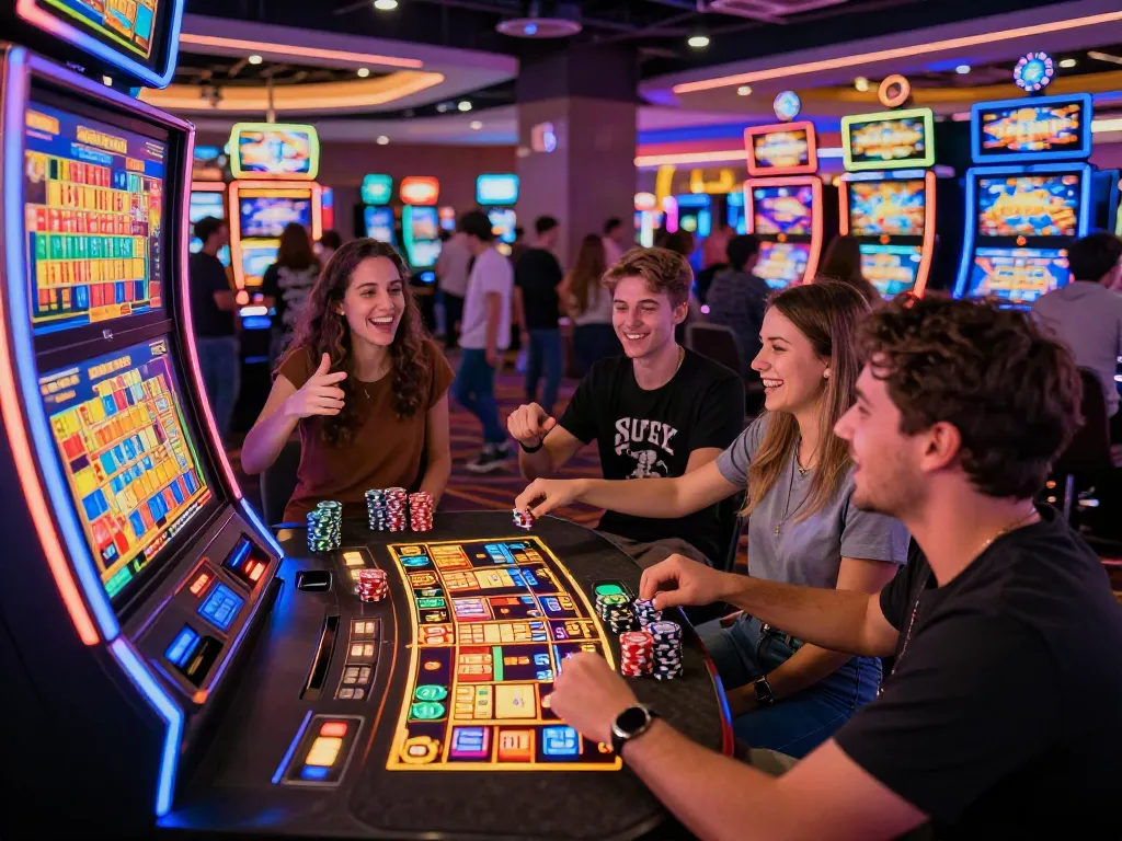 Group of friends celebrating a jackpot win at colorful slot machines in a lively casino.
