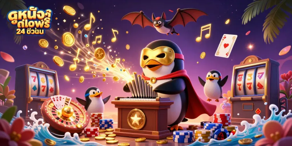 Experience exciting ดูหนังออนไลน์ฟรี 24 ชั่วโมง with captivating characters and dynamic casino elements in a vibrant illustration.