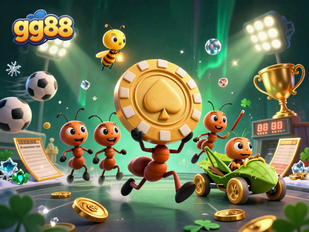 Ants running a heist with a golden poker chip at gg88, showcasing dynamic casino elements.