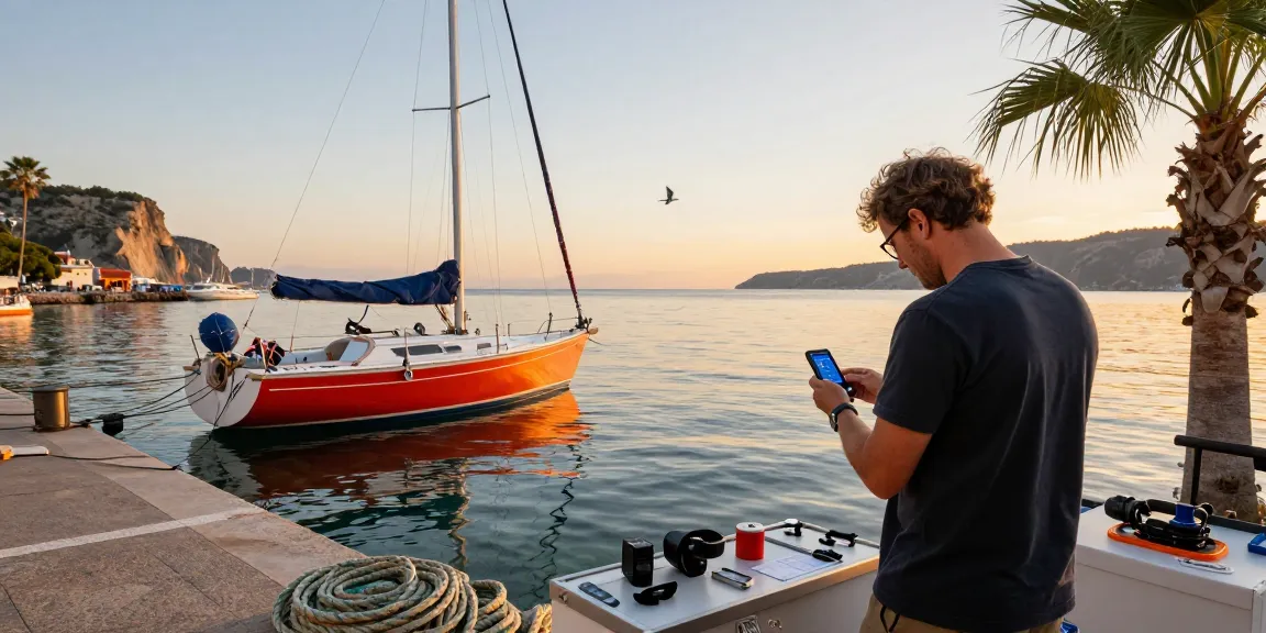 Sailor checking weather conditions for slot 5k sailing adventure at sunset by the harbor.