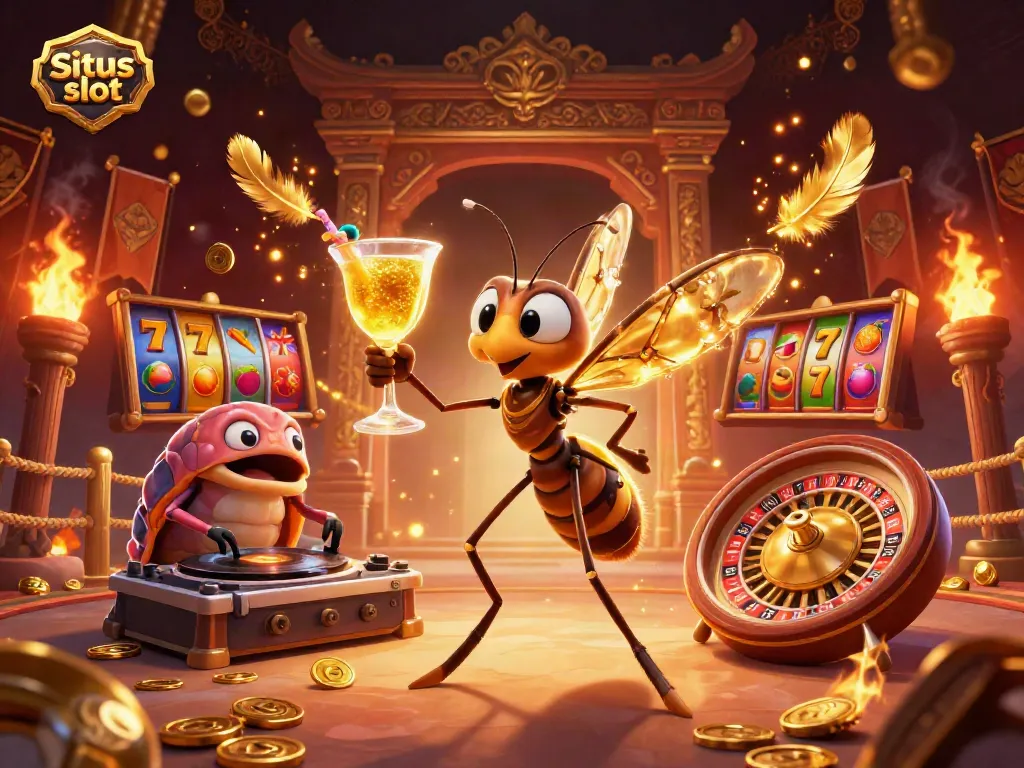 Situs slot game illustration featuring casino elements and mascot characters, showcasing vibrant gameplay.
