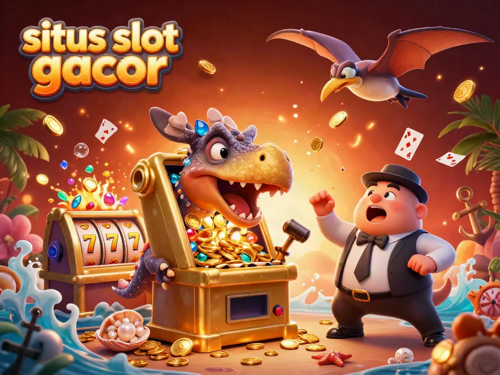 Ilustrasi situs slot gacor dengan dinosaurus kartun misterius di kasino, menghasilkan jackpot yang melimpah.