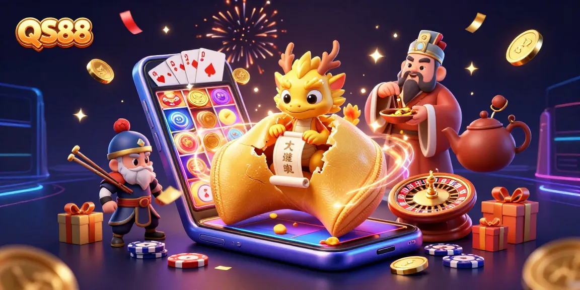 QS88 engages players with a dynamic casino scene featuring a golden fortune cookie and lively game elements.
