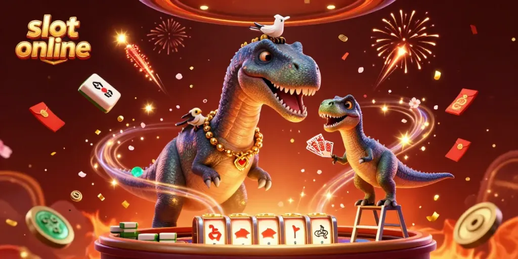 Engage in thrilling slot online action with a majestic brontosaurus and clever raptor in a vibrant casino atmosphere.