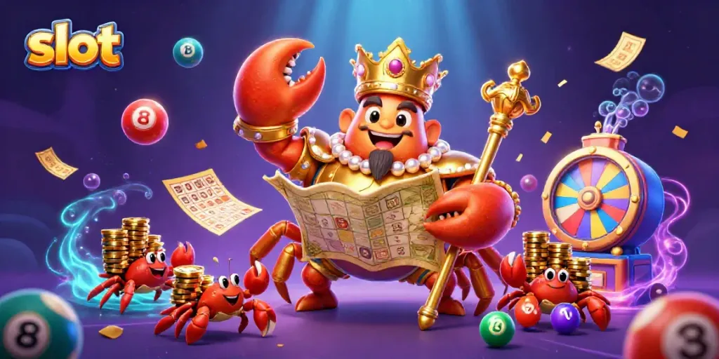 Slot menampilkan krab emas besar sebagai penguasa, dikelilingi bola lotre berwarna dan elemen kasino lainnya.