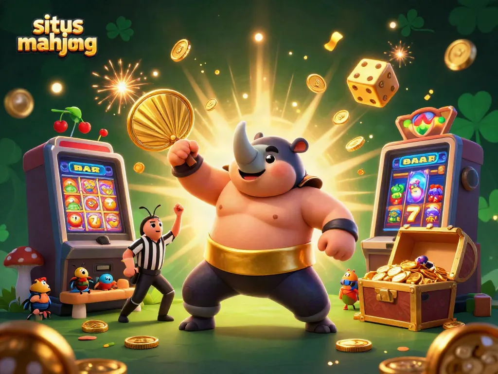 Experience the lively scene of situs mahjong featuring a beetle champion amidst coins and slot machines.