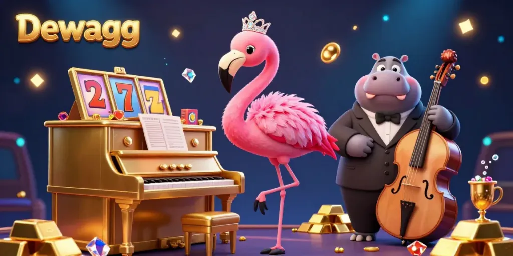 Dewagg showcases a vibrant scene with a flamingo singer, a hippo bassist, and casino elements like slot reels, portraying a lively online gaming atmosphere.
