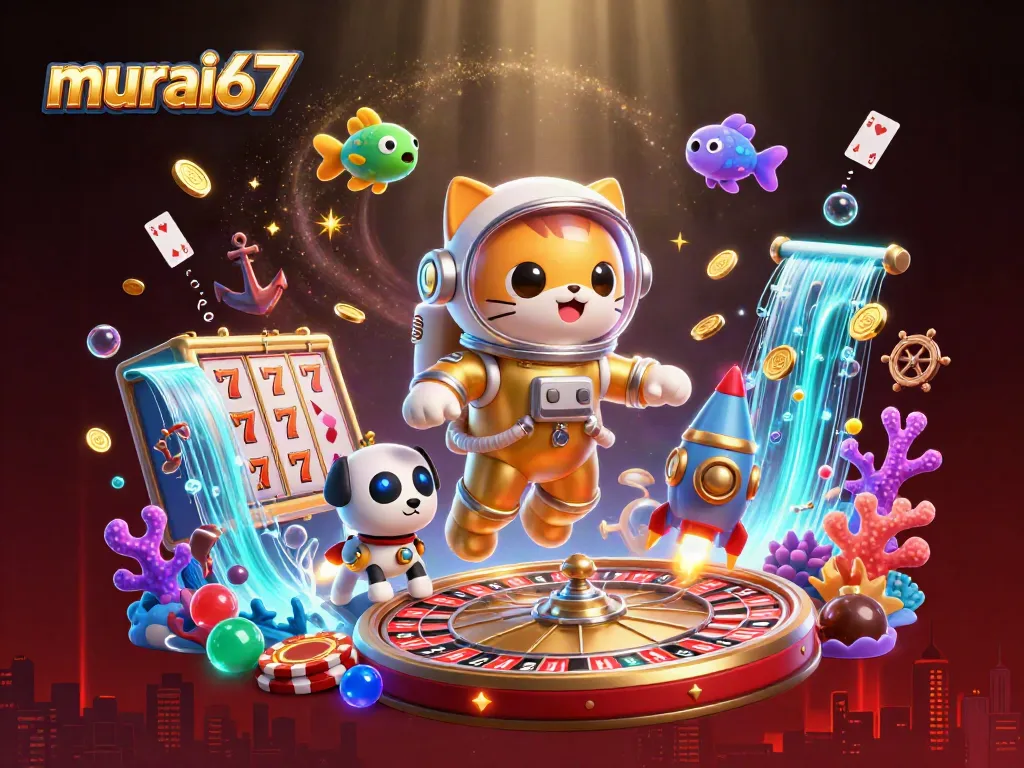 Engage with murai67 through thrilling casino elements in a vibrant space-themed illustration.