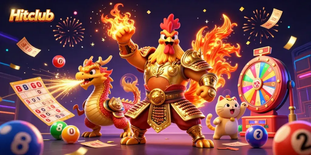 Hitclub ignites excitement with a dynamic 3D scene featuring a warrior rooster, dragon hatchling, and fortune cat amidst colorful gaming elements.
