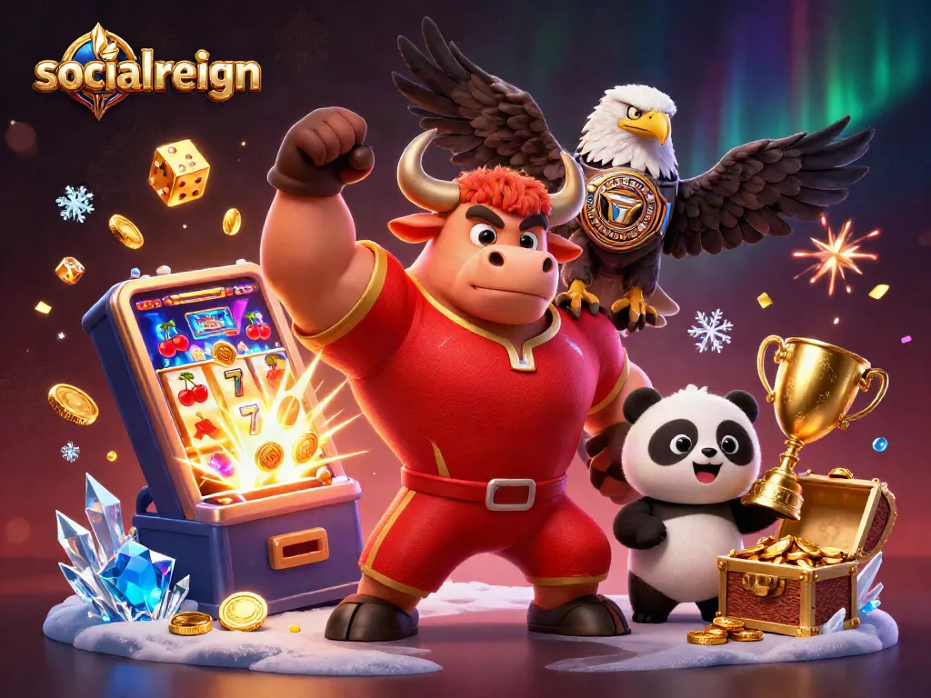 Engage with socialreign through exciting casino action featuring a victory bull, eagle, and panda surrounded by winnings.
