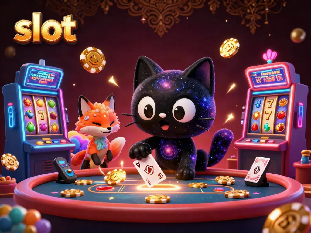 Slot menang di kasino dengan kucing lubang hitam dan rubah nebula menarik chip emas.