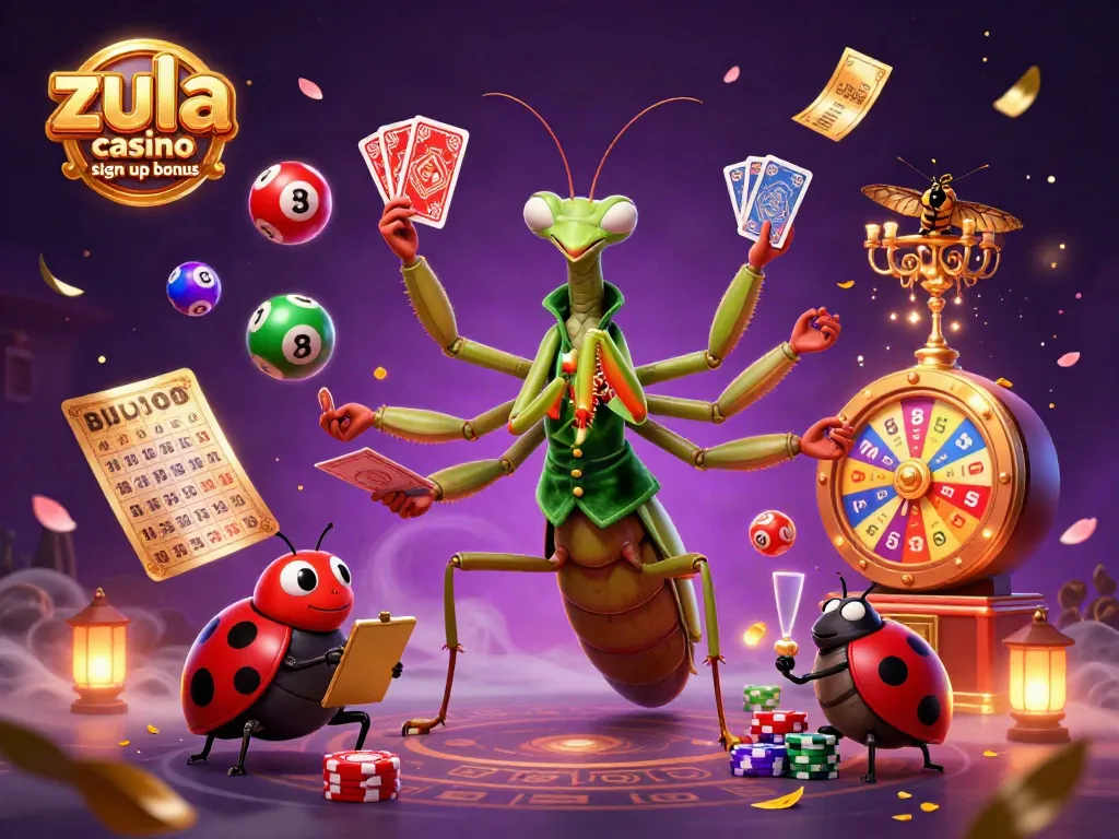 Zula Casino sign up bonus offering vibrant rewards in a lively casino scene with a giant mantis and colorful game elements.