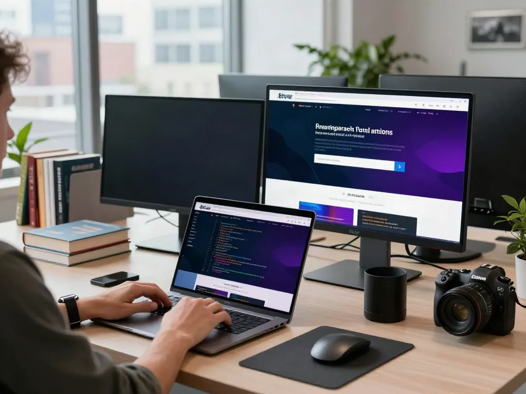 Using the brave浏览器 on a laptop in a modern tech workspace.