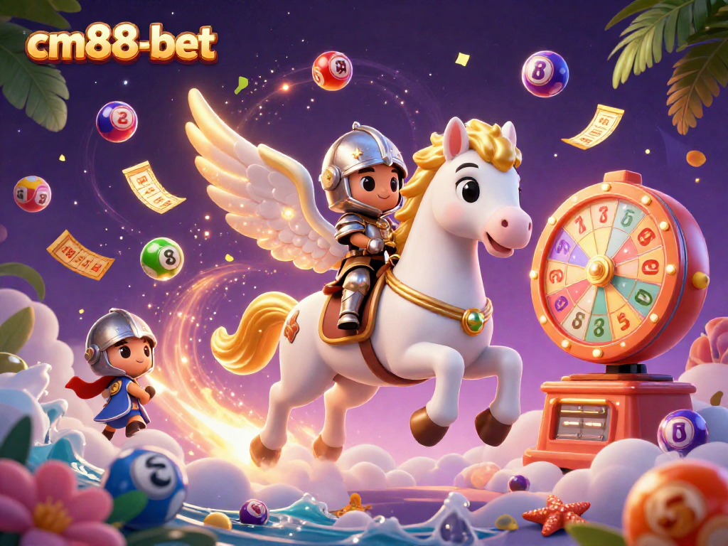 Engage in thrilling games at cm88-bet with lottery balls, prize wheels, and golden tickets flying through a vibrant atmosphere.