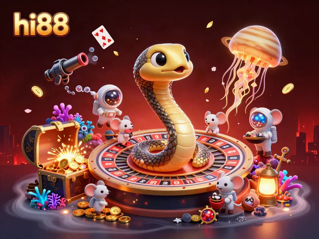 Engage with hi88 as astronaut mice bet on a cosmic roulette wheel in a vibrant space-themed casino.