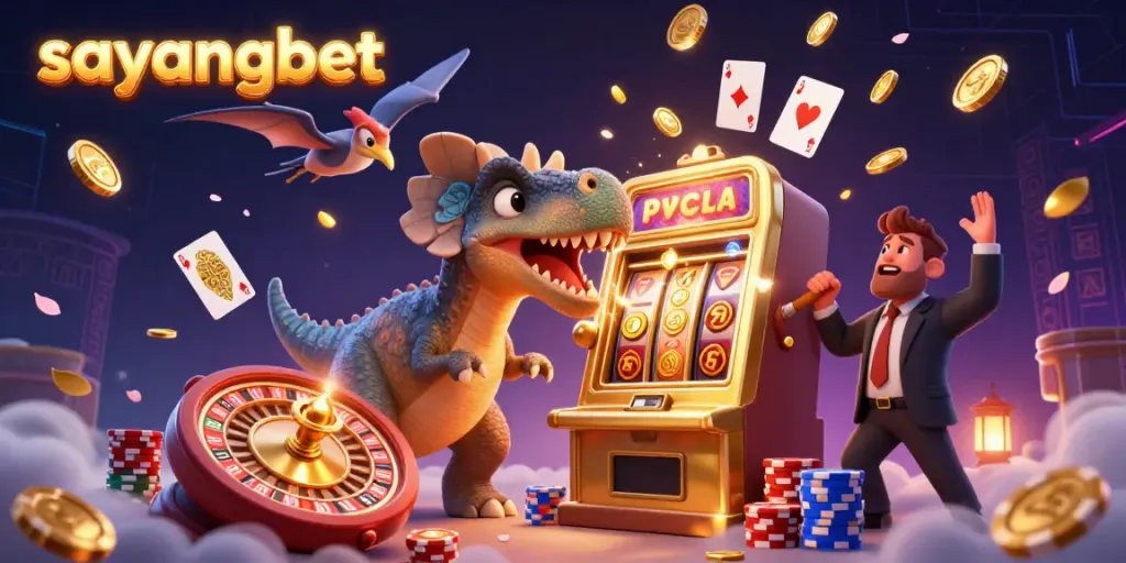 Experience jackpots with sayangbet as a cartoon dino interacts with a golden slot machine, surrounded by flying coins.