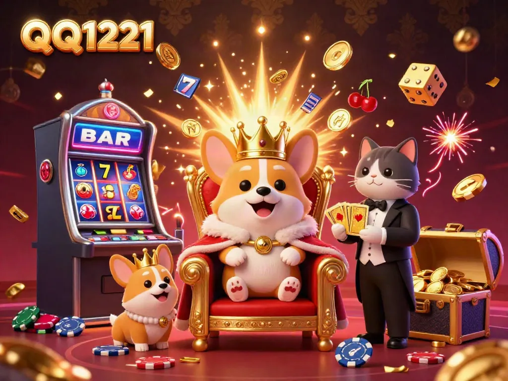 Celebrate wins at QQ1221 with a lively scene of a royal corgi on a poker chip throne amidst fantastic casino elements.