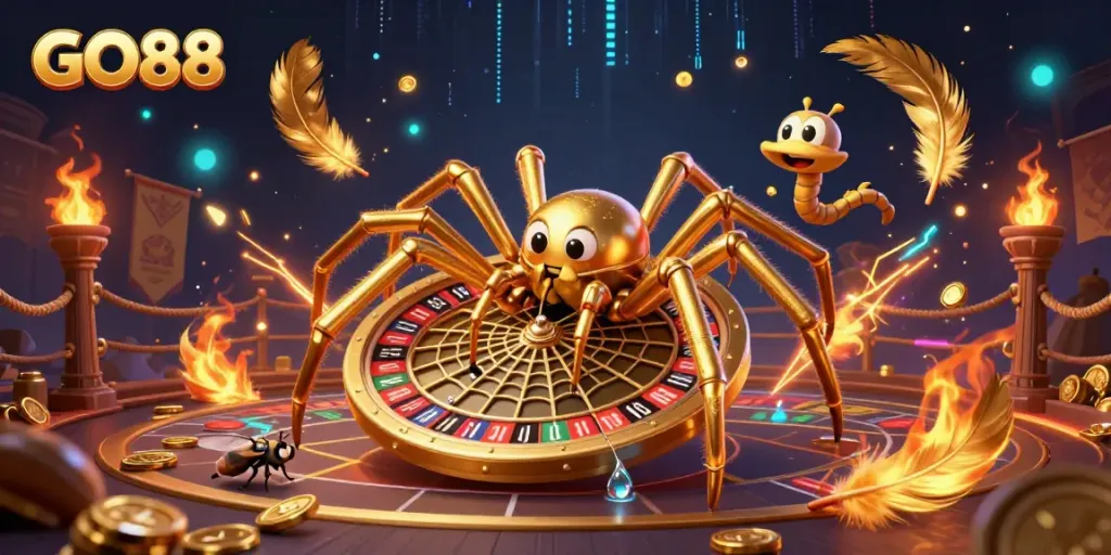 Engage with GO88's thrilling roulette wheel scene featuring a golden web, daring bets, and vibrant casino elements.