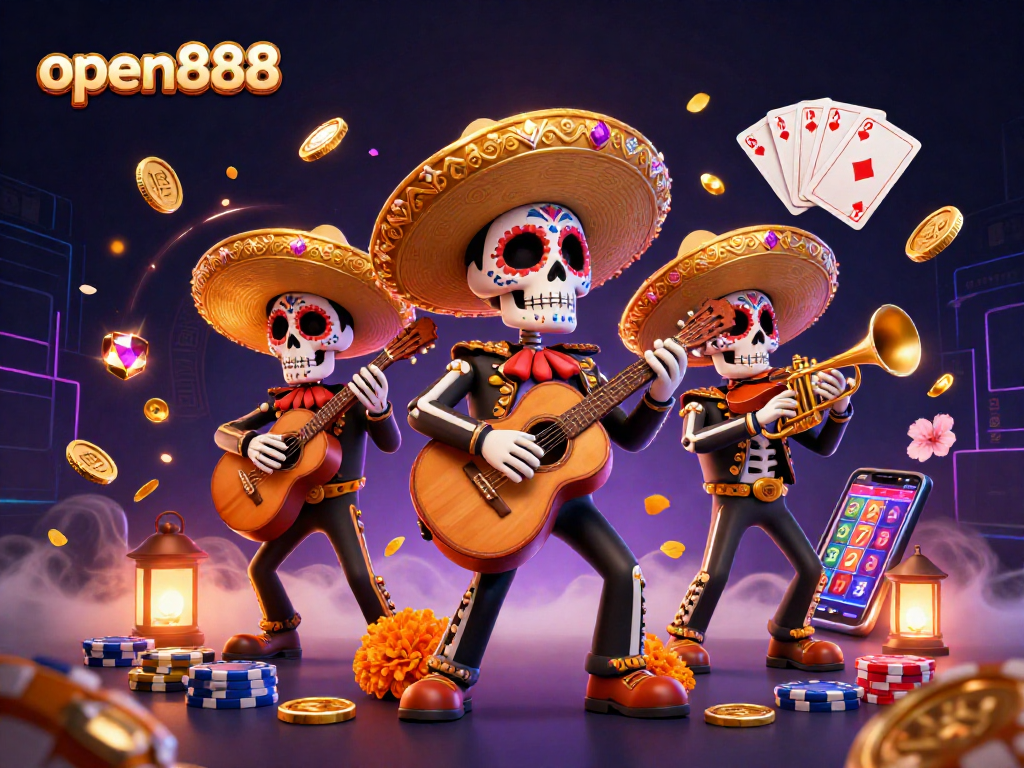Engage with open888's vibrant casino scene featuring a mariachi band and dynamic gaming elements.