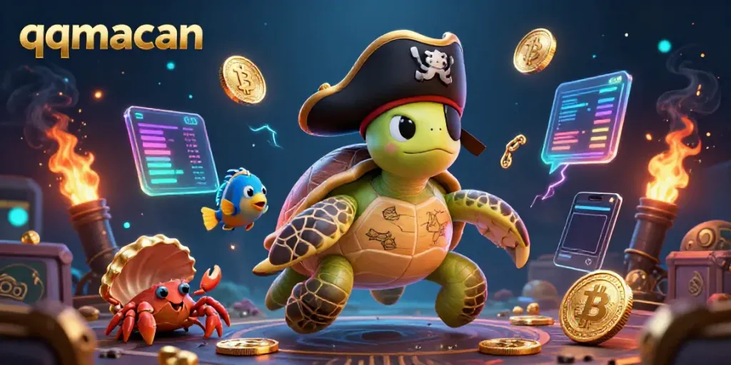 Engage with qqmacan's thrilling underwater casino adventure featuring a pirate turtle and vibrant crypto elements.