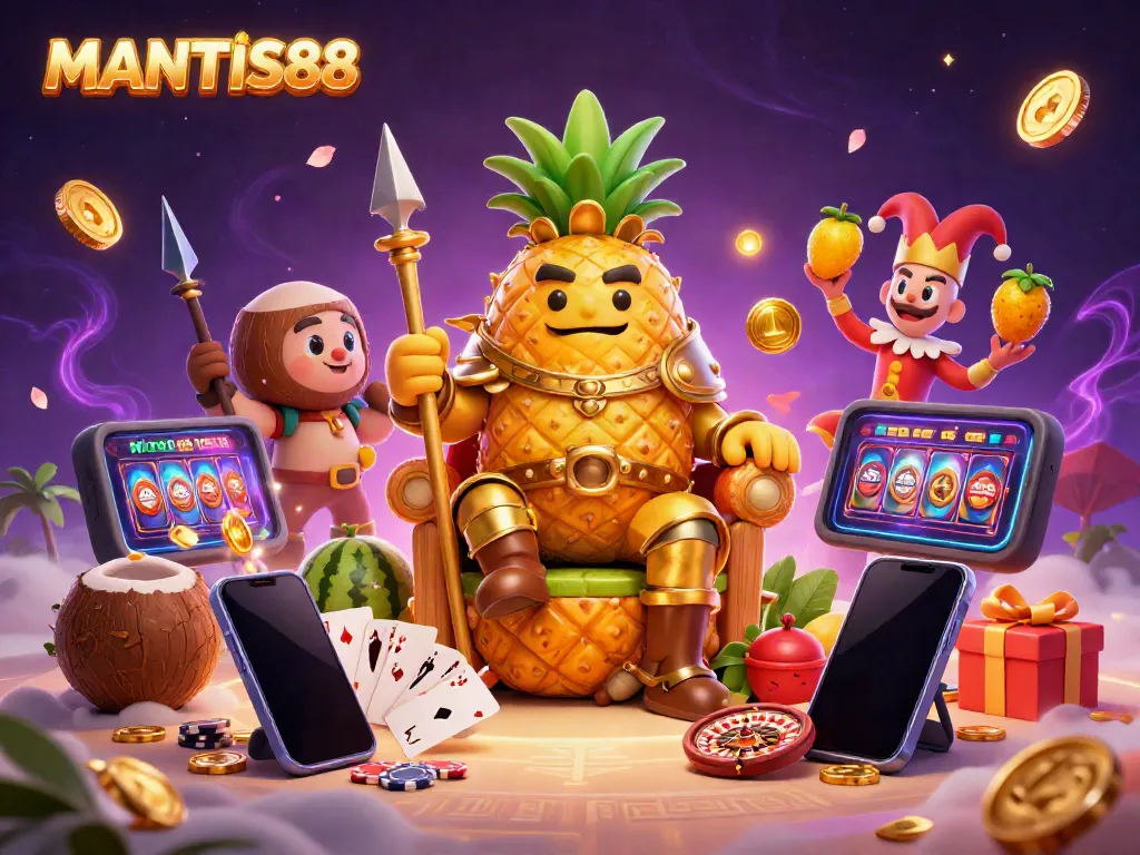 Join MANTIS88's golden pineapple king at a vibrant beach casino filled with slot games, golden coins, and more!