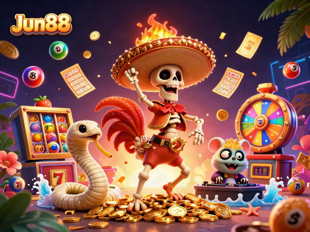 Experience thrilling fun at Jun88's casino with a vibrant 3D illustration of a celebratory scene.