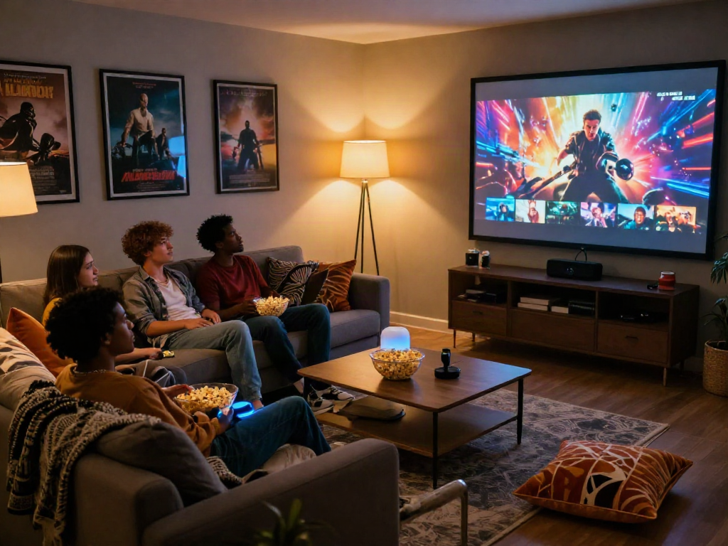 Friends enjoying a movie night with Moviebox streaming in a cozy living room.